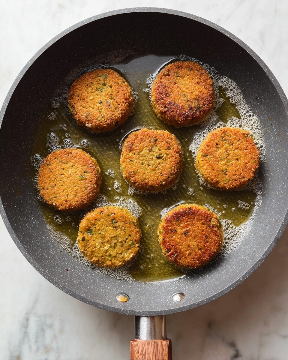 A top view of a dark gray frying pan with a wood-textured handle on a white marbled surface, filled with seven round, golden brown falafel patties frying in sizzling oil. Each falafel has a coarse texture with visible small bits of herbs and chickpeas, arranged evenly mainly in a circular pattern around the pan’s center. The oil bubbles gently around them, creating a light shine on the crisp outer layer of the falafel. photo taken with an iphone --ar 4:5 --v 7