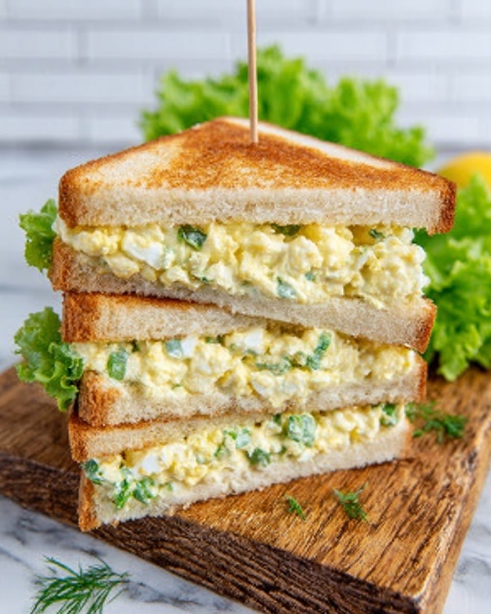 A sandwich with three layers of toasted bread stacked in a triangular shape, each slice showing a light golden brown toasted texture. Between the layers, there is a creamy egg salad filling mixed with chopped green herbs, appearing soft and slightly chunky. The sandwich is placed on a wooden board with a rough texture. In the background, there are some bright green lettuce leaves and a white marbled surface. A woman's hand is reaching towards the sandwich. photo taken with an iphone --ar 4:5 --v 7