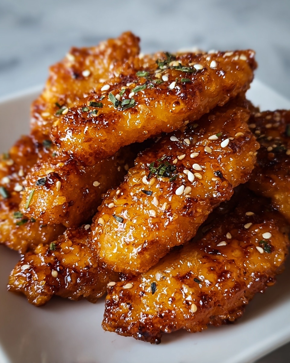 The image shows a close-up of several golden-brown fried chicken pieces stacked together on a white plate. Each piece has a crispy texture with a shiny, slightly sticky glaze that catches the light, and is sprinkled with white sesame seeds and small green herb flakes. The chicken has a rough surface with some black toasted spots, giving it a richly cooked look. The plate sits on a white marbled texture surface. photo taken with an iphone --ar 4:5 --v 7
