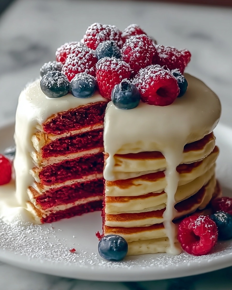 Irresistible Red Velvet Pancakes with Cream Cheese Glaze Recipe - Recipe Image
