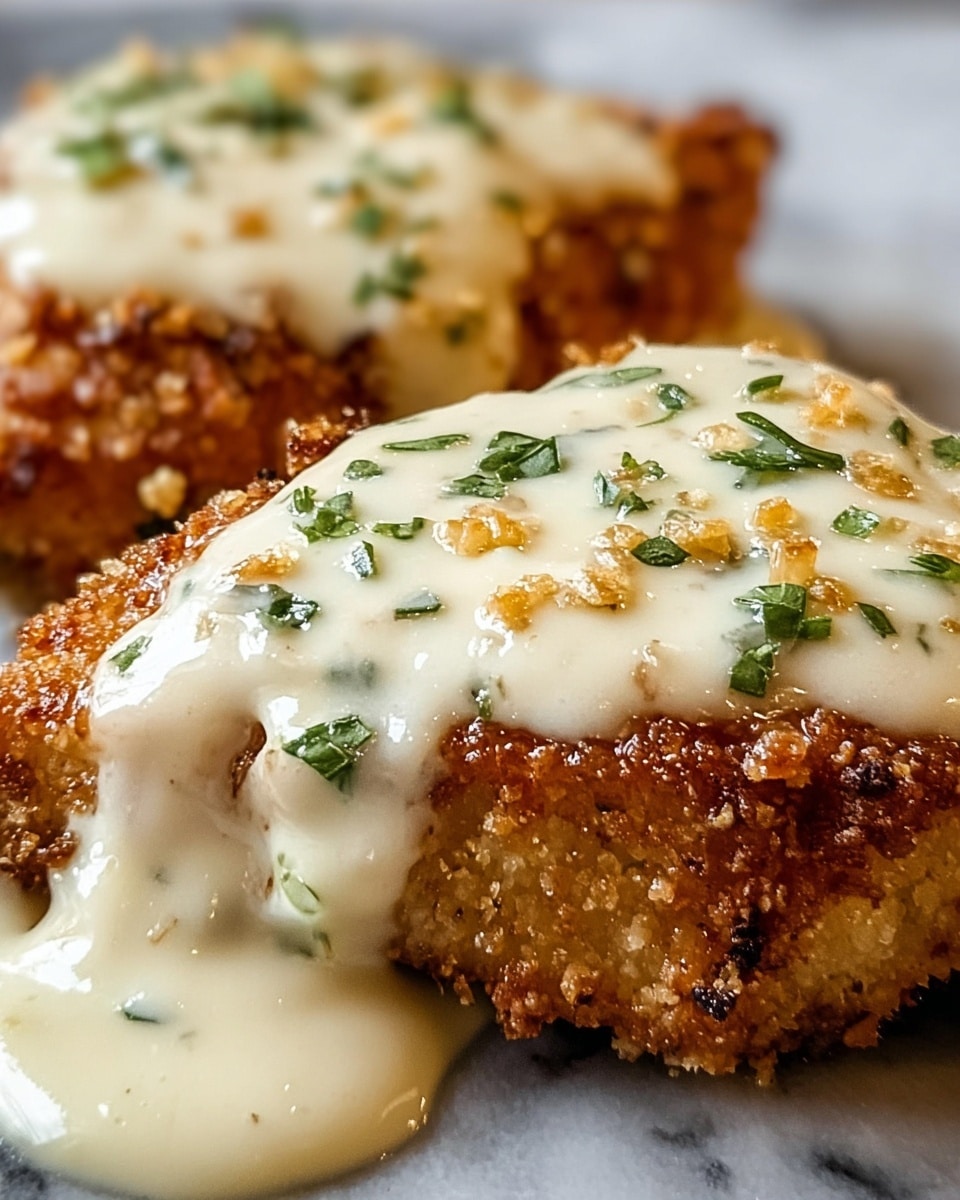 The image shows two pieces of crispy golden brown chicken topped with a thick, creamy white sauce that drips slightly over the sides. The sauce has a smooth texture with small green herb bits sprinkled on top, adding color contrast. Small golden brown spots from baking or broiling are visible on the sauce’s surface, giving a slightly toasted look. The chicken’s crunchy texture is clear beneath the sauce, with crumbs and a rough surface showing. The background is a white marbled texture. photo taken with an iphone --ar 4:5 --v 7