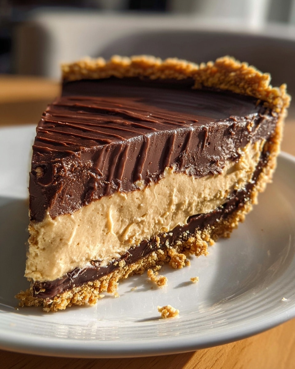 A close-up of a slice of pie on a white plate with a white marbled surface underneath, showing three layers: a rough, crumbly golden crust at the bottom and edges, a thick middle layer of smooth, light tan filling with a creamy texture, and a top layer of glossy, dark chocolate with slight texture lines, slightly thick and creamy, with some crumbs on the plate, bright warm sunlight highlighting the textures photo taken with an iphone --ar 4:5 --v 7