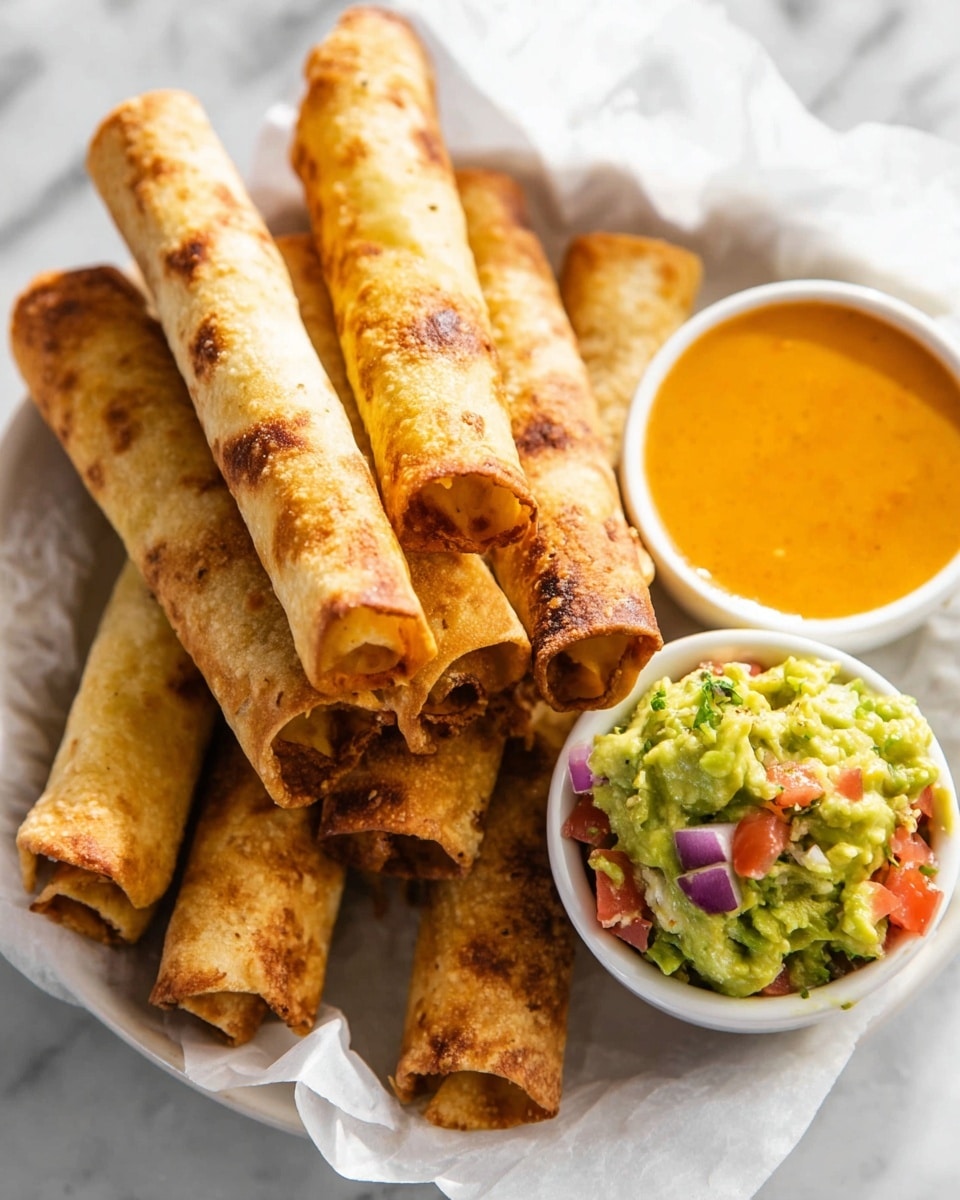 A white plate lined with white parchment paper holds several golden brown rolled taquitos with a crispy texture and slight browning on the edges. On the right side of the plate, there are two small white bowls, one filled with chunky green guacamole featuring visible pieces of red tomato, purple onion, and green herbs, and the other bowl contains smooth orange dipping sauce. The whole setup rests on a white marbled surface. photo taken with an iphone --ar 4:5 --v 7
