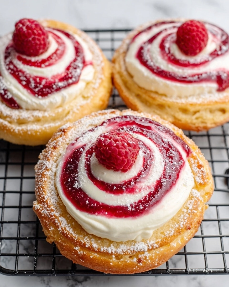 The image shows three small round pastries on a black wire rack over a white marbled surface. Each pastry has two main layers: a golden brown dough base and a thick white creamy layer spread on top. Swirled on the cream is a bright red raspberry sauce, creating a spiral pattern. In the center of each pastry, there is one fresh raspberry placed on the white cream. The edges of the pastries have a light dusting of powdered sugar, adding texture to the golden crust. The overall look is fresh and colorful with clear contrasts between the creamy white, red, and golden layers. Photo taken with an iphone --ar 4:5 --v 7