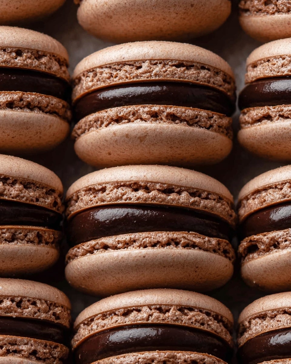 The image shows close-up rows of chocolate macarons tightly packed together. Each macaron has two smooth, round light brown shells with a slightly rough edge texture. Between the shells is a thick, shiny dark chocolate filling that looks creamy and rich. The layers fit perfectly, making the macarons look plump and soft. The background is a white marbled texture, enhancing the deep brown colors of the macarons. photo taken with an iphone --ar 4:5 --v 7