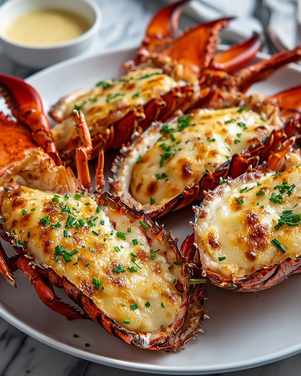 A white plate holds three lobster halves arranged close together; each lobster is split lengthwise showing the red-orange shell with dark spots and spikes on the edges. On top of the lobster meat is a thick, creamy layer of melted, golden-brown cheese mixed with chopped green herbs, slightly bubbly and browned in spots. The claws and tails are positioned around the plate with bright red and orange colors. The plate sits on a white marbled surface with a small white bowl of light yellow sauce visible in the background. Photo taken with an iphone --ar 4:5 --v 7