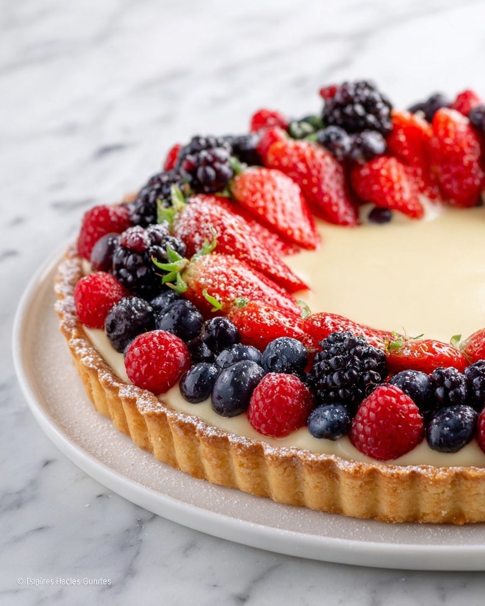 A tart with a golden brown crust forms the base layer, topped with a smooth, pale yellow cream filling. On top of the cream, there is a colorful ring of fresh berries including bright red strawberries, deep red raspberries, dark blackberries, and shiny blue blueberries arranged closely together near the crust’s edge. The crust edge is lightly dusted with powdered sugar. The tart sits on a white plate against a white marbled background. photo taken with an iphone --ar 4:5 --v 7