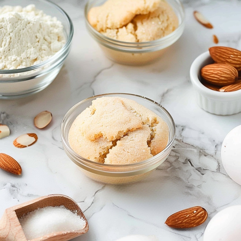 A stack of golden brown almond cakes is arranged on a silver cooling rack that sits on a folded beige cloth over a white marbled surface. The cakes are oval-shaped with a soft yet firm texture, each topped with several pale almond slices that add a delicate decorative touch. Around the rack, whole almonds are scattered across the white marbled surface, adding a natural, rustic feel to the scene. The light catches softly on the cakes, highlighting their warm color and smooth tops. photo taken with an iphone --v 7