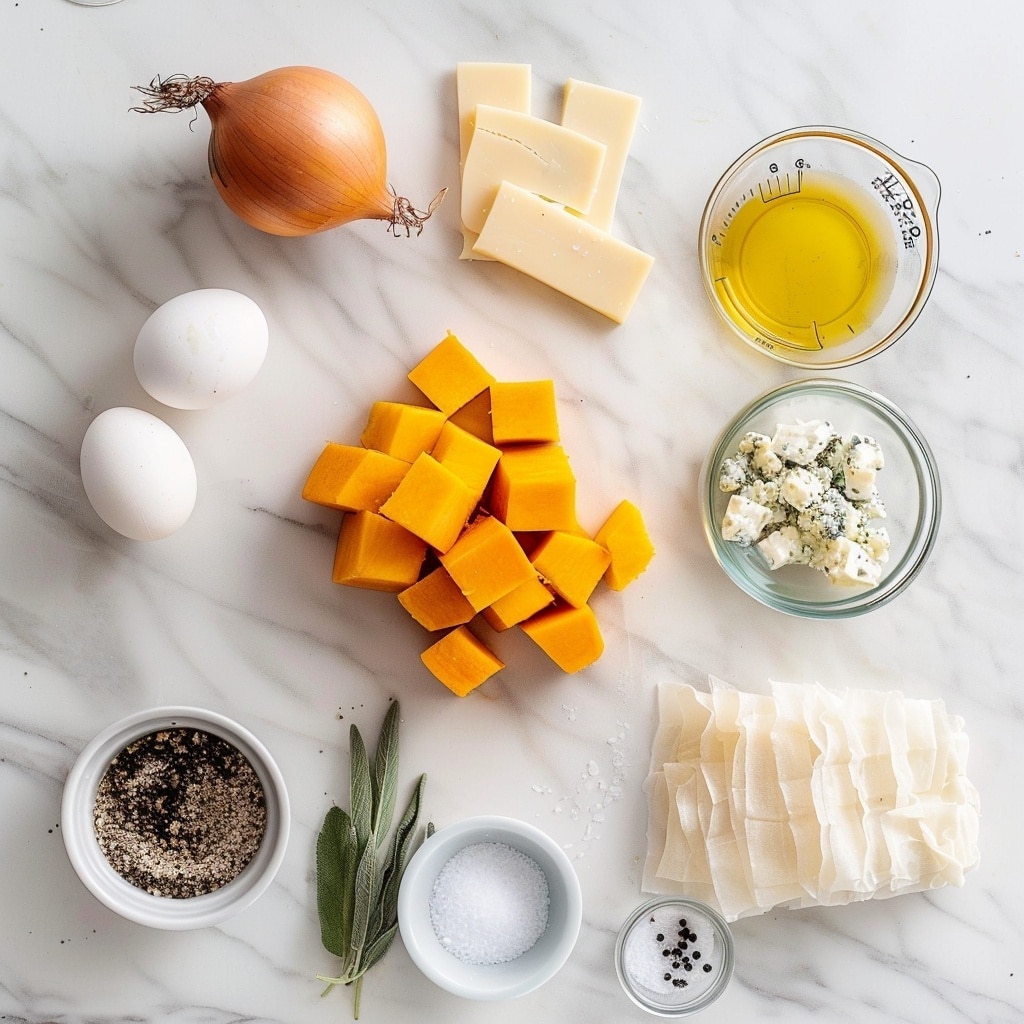A thick slice of savory pie with a golden brown, flaky crust forms the base and sides. The bottom layer is pale beige dough, topped with a thick creamy white and black-speckled cheese layer. Above that is a bright yellow custard-like layer, with a slightly uneven surface. The top layer consists of thinly sliced, caramelized onions in golden brown tones, scattered unevenly across the bright yellow surface. The slice sits on a white marbled surface with a blurred background showing a whole pie in a dark pan and an onion. Photo taken with an iphone --v 7