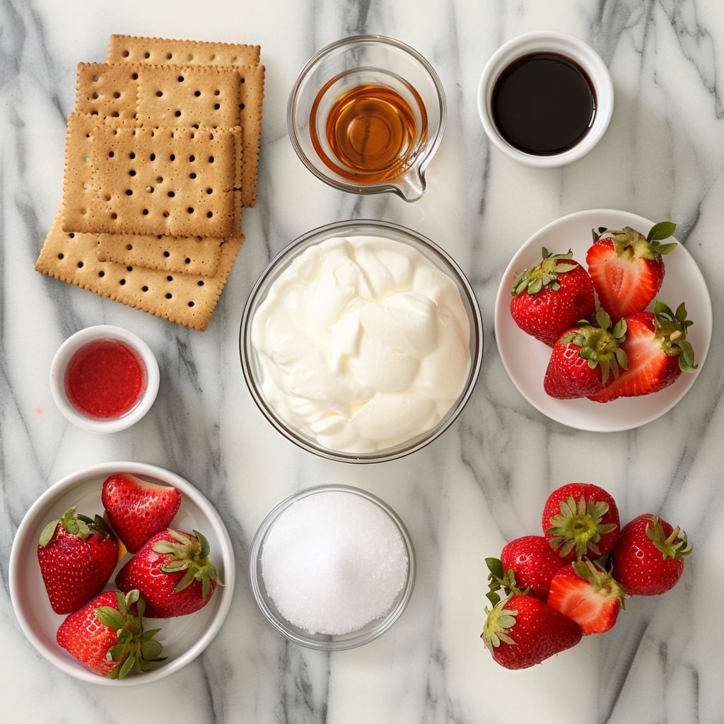 A clear glass bowl holds a layered strawberry dessert placed on a white marbled surface with a wooden cutting board underneath. The dessert has four visible layers: the bottom layer is light tan cake or biscuit, followed by a thick white cream layer mixed with small pieces of strawberries. The next layer is another thin tan cake or biscuit, topped with more white cream that includes bits of strawberries, then another thin cake or biscuit layer. The topmost layer is thick white cream spread unevenly, crowned with whole and sliced bright red strawberries with green tops. A metal spoon is inserted into the dessert on the right side, and fresh strawberries are scattered around the bowl. Photo taken with an iphone --v 7