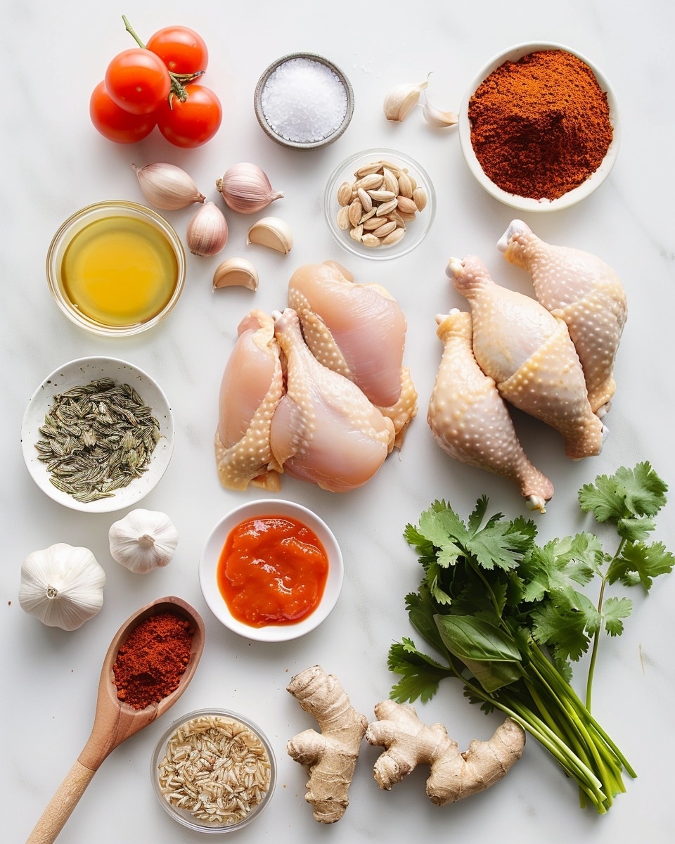 Single white bowl holding one serving of spiced roasted chicken leg atop a bed of fragrant yellow rice mixed with toasted slivered almonds and plump raisins, garnished with fresh chopped parsley and shredded carrot, close-up angled view revealing the crispy, richly seasoned skin of the chicken and the textured grains of rice with nuts, placed on a white marble background with natural lighting, styled as a ready-to-eat portion from a food blog, photo taken with an iphone --ar 4:5 --v 7
