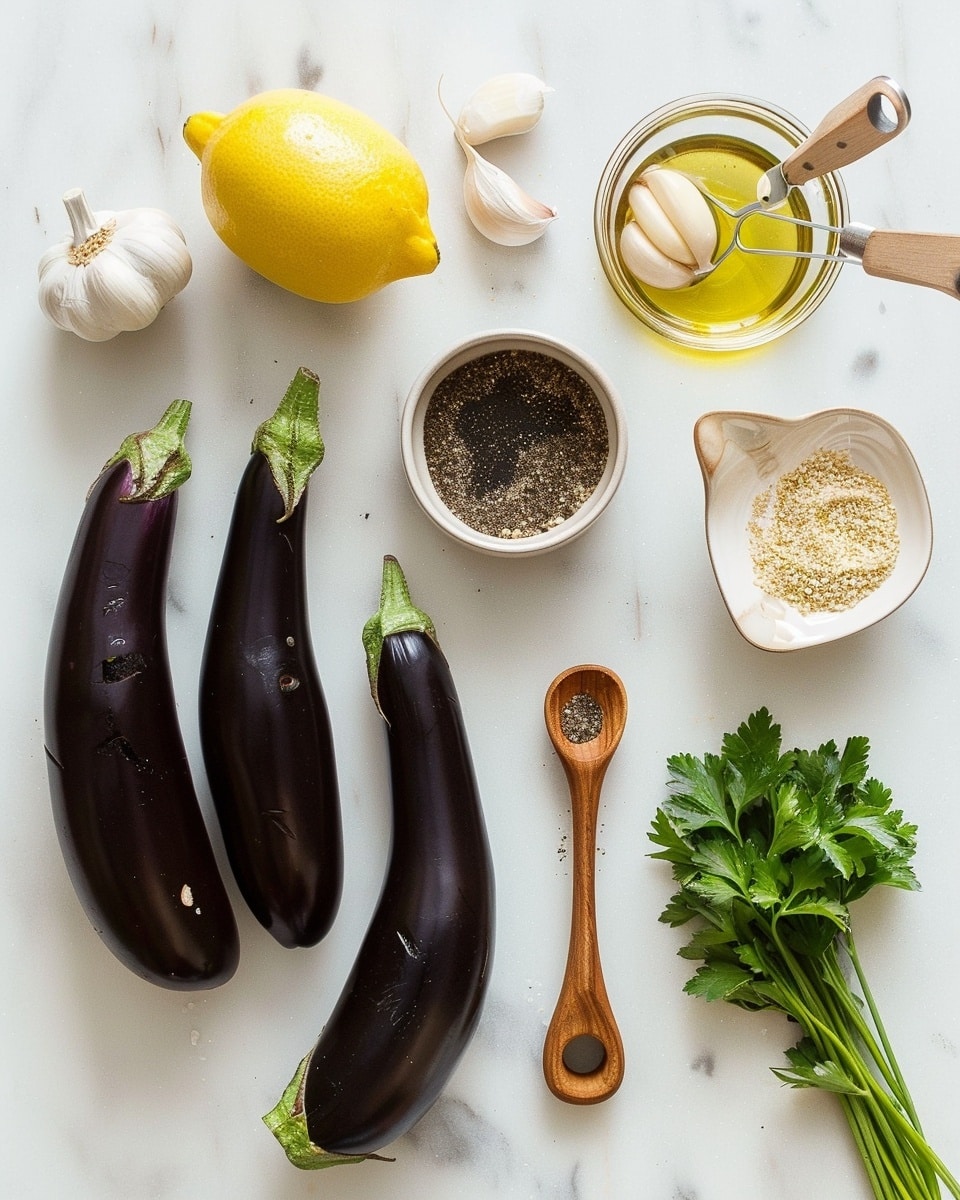 Single white bowl containing a close-up view of a creamy, textured roasted eggplant dip with visible herb flecks, garnished with a drizzle of golden olive oil, sprinkled black sesame seeds, red chili flakes, and fresh parsley leaves, placed on a white marble surface with soft natural lighting, styled as an intimate plated serving from a food blog, photo taken with an iphone --ar 4:5 --v 7
