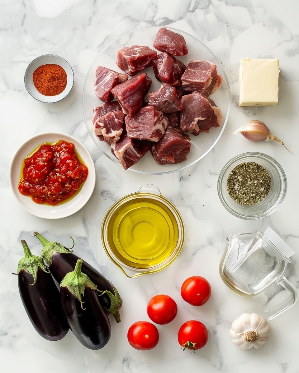Single white square plate with a neatly plated portion of saffron-infused basmati rice accompanied by tender chunks of slow-cooked meat simmered in a rich, dark brown sauce with roasted cherry tomatoes and caramelized eggplant on the side, close-up angled shot highlighting the glossy texture of the sauce and the fluffy rice grains, garnished with a fresh sprig of herbs, set on a white marble surface under natural light, intimate food blog style photo taken with an iphone --ar 4:5 --v 7