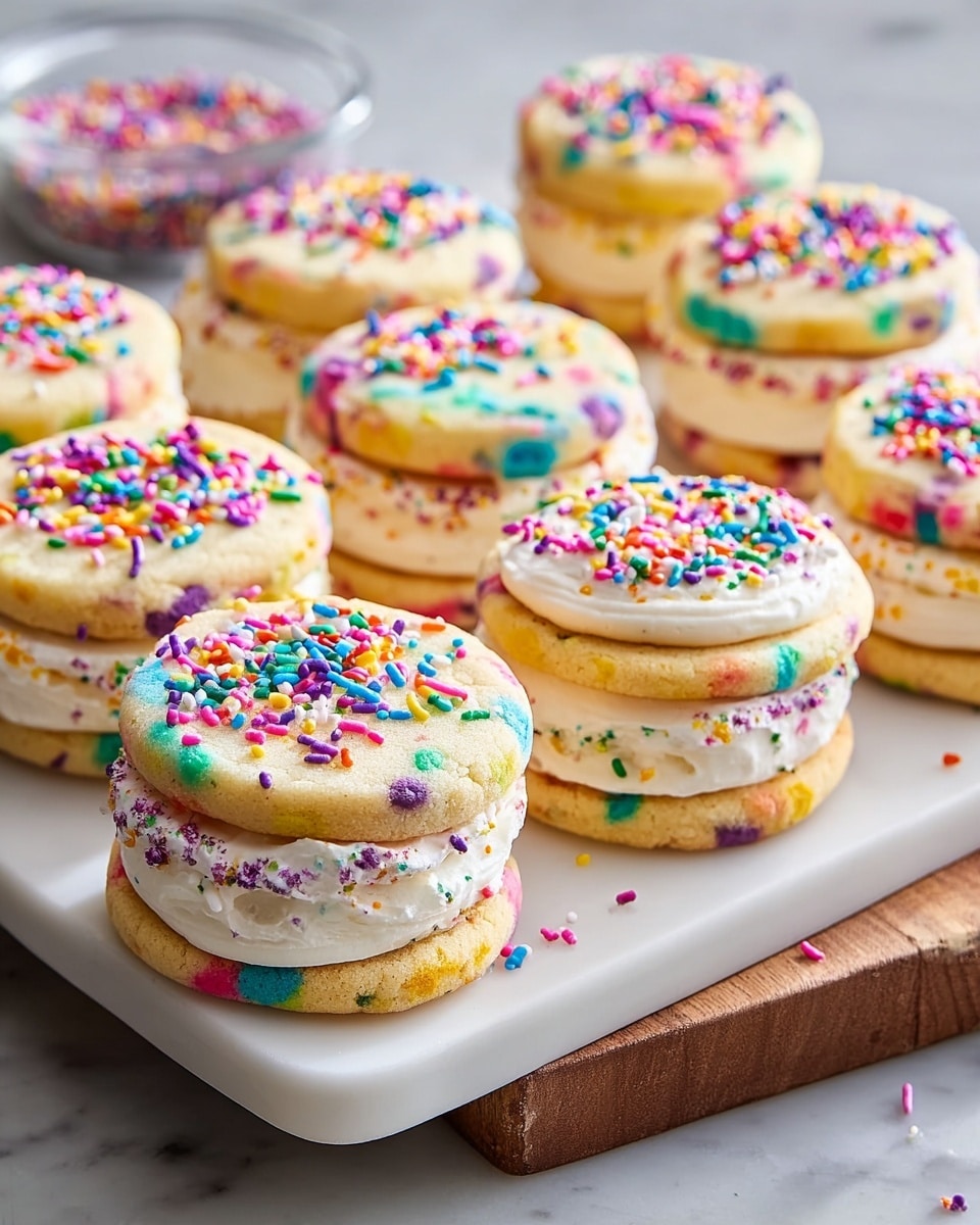 White rectangular serving platter with a full batch of colorful funfetti sugar cookie sandwiches, each composed of two round cookies loaded with vibrant confetti sprinkles and filled generously with creamy vanilla frosting, all topped with multicolored sprinkle decorations, arranged neatly on a white marble countertop, captured in natural light from a professional 3/4 angle, styled as a hero food magazine shot, photo taken with an iphone --ar 4:5 --v 7