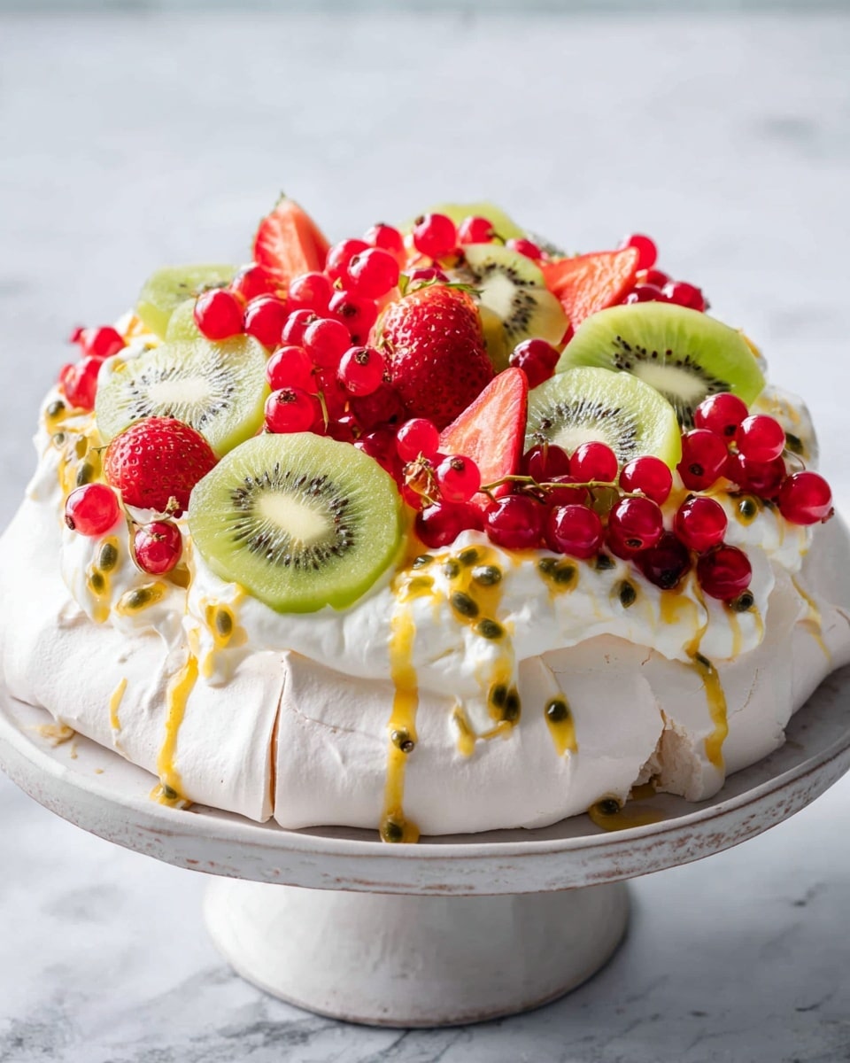 Whole pavlova dessert displayed on a white plate, crowned with a generous layer of fluffy whipped cream and beautifully decorated with an abundance of fresh, sliced kiwi, halved strawberries, and clusters of glossy red currants, all drizzled with vibrant passion fruit pulp, photographed from a 3/4 angle on a white marble surface with natural lighting, styled as a professional food magazine hero shot, photo taken with an iphone --ar 4:5 --v 7
