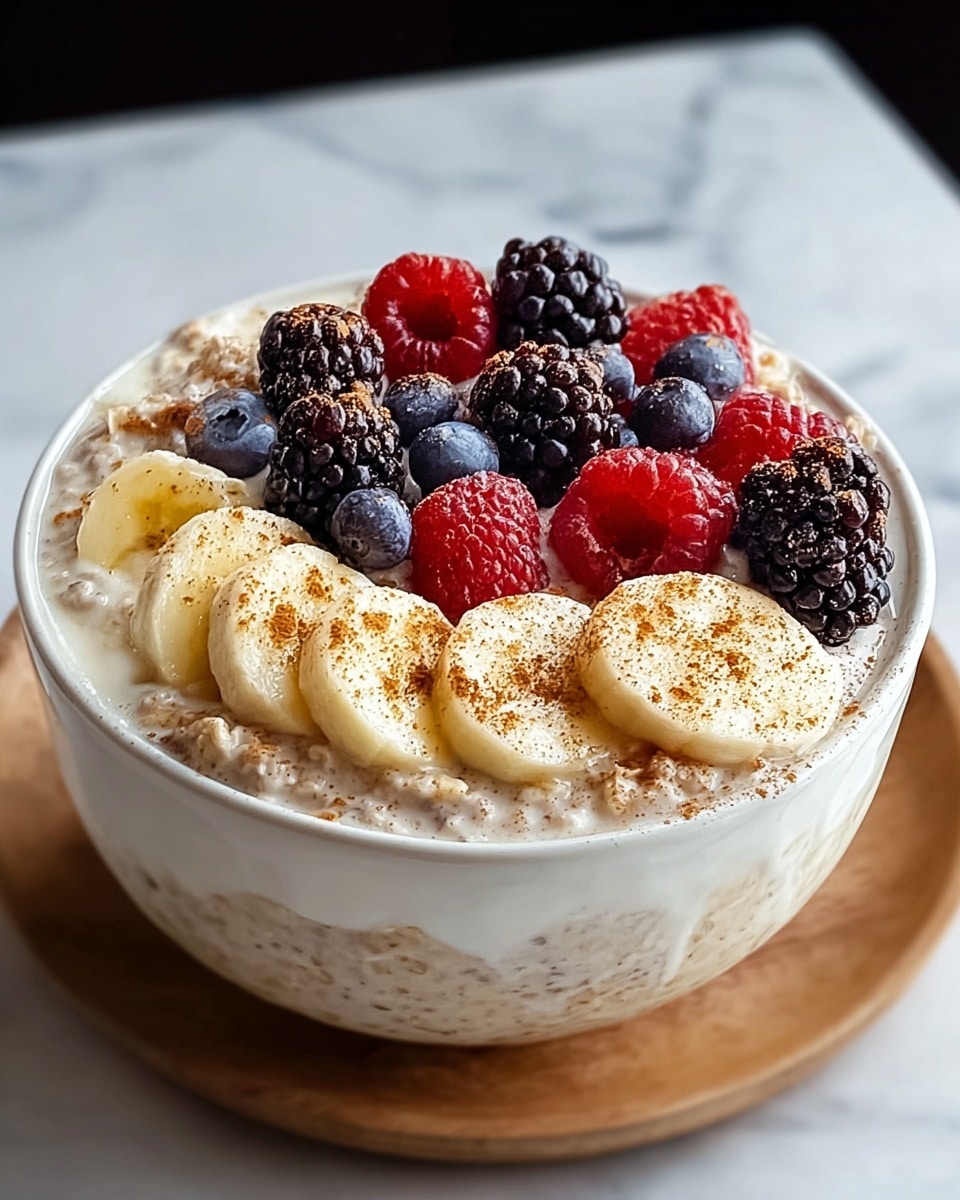 Large white serving bowl filled with creamy overnight oats topped generously with fresh banana slices, ripe blackberries, and vibrant raspberries, sprinkled with cinnamon powder, showcasing a thick and smooth oat mixture beneath, arranged together for multiple servings on a white marble background, natural lighting, professional food magazine style hero shot, photo taken with an iphone --ar 4:5 --v 7
