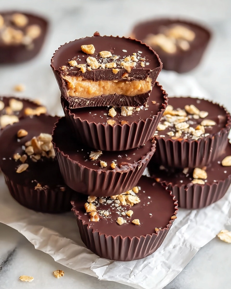Stack of whole, rich dark chocolate peanut butter cups with a smooth, glossy finish, each nestled in white paper liners, topped with crunchy bits of peanuts and oats embedded in the chocolate surface, the creamy peanut butter filling visible through the transparent chocolate shell, all arranged on white parchment paper, photographed from a close 3/4 angle on a white marble countertop under natural lighting, professional food magazine style hero shot, photo taken with an iphone --ar 4:5 --v 7