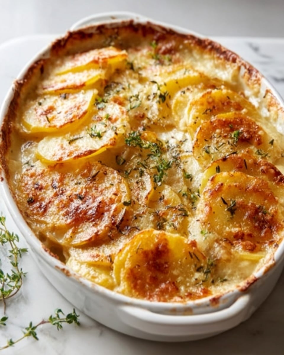 Large white ceramic baking dish filled with a golden, creamy potato gratin arranged in overlapping thin slices, topped with bubbling melted cheese and sprinkled fresh thyme, edges perfectly browned and crispy, presented whole with the entire gratin visible, shot in a natural light setting on a white marble countertop, professional food photography in a hero shot style, photo taken with an iphone --ar 4:5 --v 7