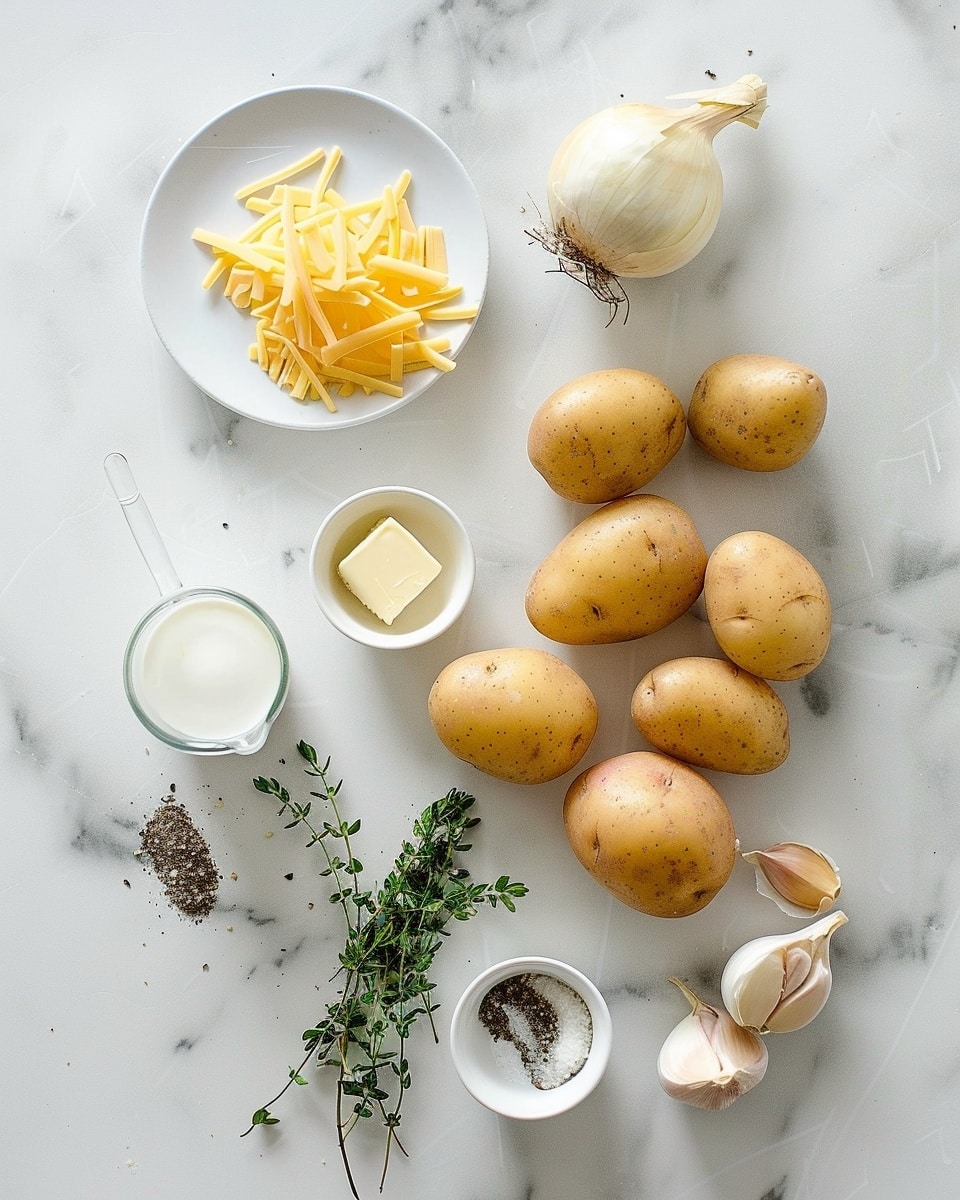 Single white plate with a generous plated portion of creamy potato gratin, showcasing neatly layered slices of tender golden potatoes enveloped in a rich, cheesy sauce with hints of browned, bubbly cheese on top, sprinkled with fresh thyme leaves for garnish, close-up angled shot revealing the interior layers and creamy textures, natural light enhancing the warm, comforting colors, arranged on a white marble surface, intimate styled food blog serving photo taken with an iphone --ar 4:5 --v 7