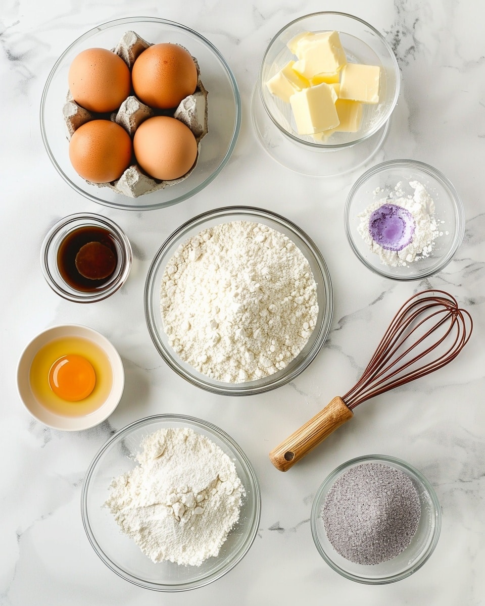 A single slice of vibrant layered purple cake served on a white plate, angled to reveal the moist interior crumb and three distinct layers of light and dark purple sponge separated by smooth creamy filling, topped with swirls of rich lavender frosting and sprinkled with delicate edible gold flakes, placed on a white marble surface with soft natural lighting highlighting the textures, styled like a food blog close-up serving, photo taken with an iphone --ar 4:5 --v 7