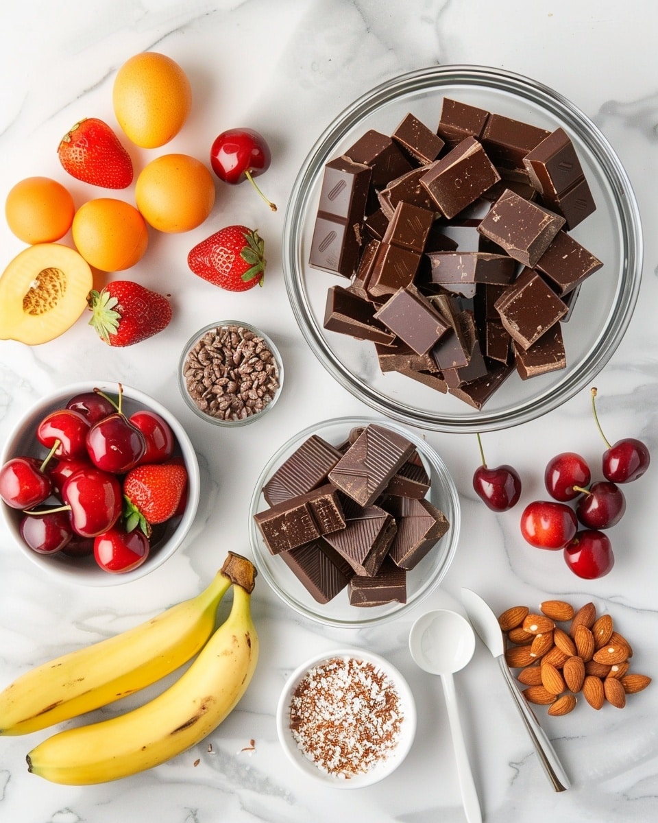 Single white plate showing a close-up portion of three pieces of chocolate-dipped fresh fruit: a whole strawberry with vibrant red and green leaves half-coated in glossy dark chocolate, a bright green kiwi slice dipped in smooth chocolate revealing the juicy texture and seeds, and a wedge of pineapple with its yellow fibrous flesh enveloped halfway in chocolate, all arranged artfully on a white marble surface with natural lighting, emphasizing the contrast between fresh fruit and rich chocolate, intimate styled food blog serving photo taken with an iphone --ar 4:5 --v 7
