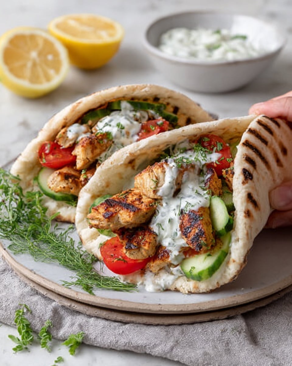 The image shows two pita bread sandwiches filled with grilled chicken pieces that are golden brown with light char marks. Inside, there are fresh green cucumber slices and bright red tomato chunks. The sandwich is topped with a creamy white sauce with small green herb pieces. The pita bread is slightly toasted with light brown grill lines. The sandwiches sit on a white plate, together with a few sprigs of fresh green herbs and a lemon wedge. In the back, there is a small white bowl with more creamy sauce and a half lemon on a white marbled surface. A woman's hand is holding one sandwich. The photo is taken with an iphone --ar 4:5 --v 7