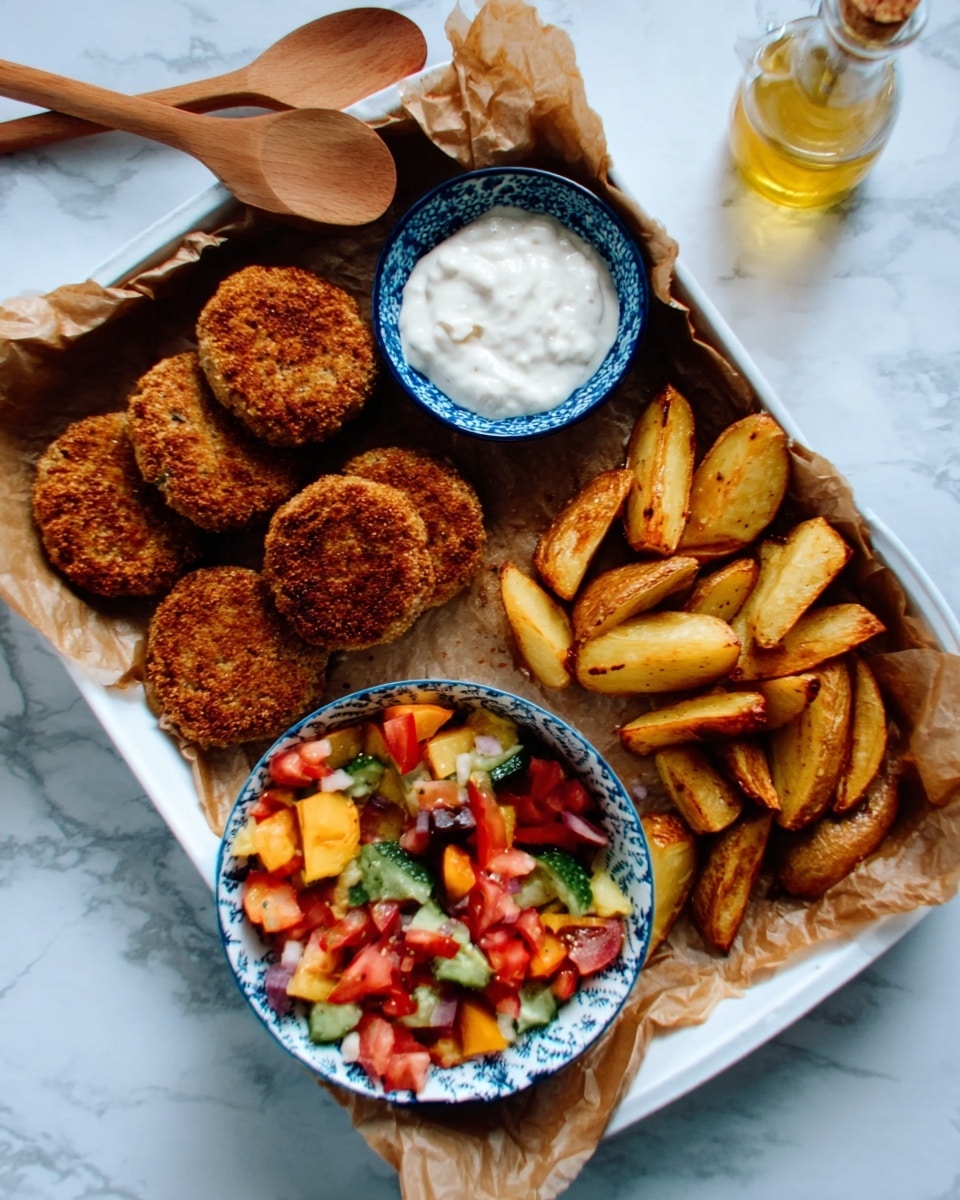 The image shows a white rectangular tray lined with brown paper on a white marbled surface. On the left side, there are five round, brown crispy patties arranged in a slightly overlapping row. Next to them, on the right, are golden brown roasted potato wedges with a slightly rough texture. Above the patties, there is a small blue and white bowl filled with a creamy white dipping sauce. In front of the patties, there is a round white bowl with blue patterns filled with a colorful fresh salad made of orange, red, green, and yellow vegetable chunks. Two wooden spoons rest on the surface in the upper left corner, and a small clear glass bottle with yellow liquid is seen near the upper center. photo taken with an iphone --ar 4:5 --v 7
