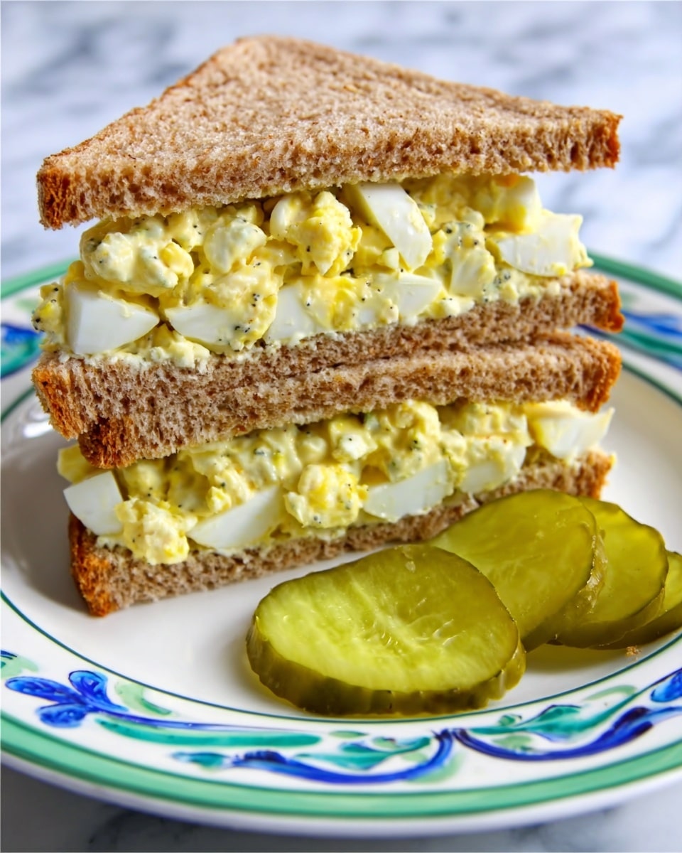 Two triangular halves of an egg salad sandwich are stacked on a white plate with blue and green swirl patterns. The sandwich is made with two slices of brown whole wheat bread, filled with a creamy, chunky yellow egg salad mix that contains visible pieces of chopped boiled eggs. Next to the sandwich are three slices of green pickles. The plate is placed on a white marbled surface. Photo taken with an iphone --ar 4:5 --v 7