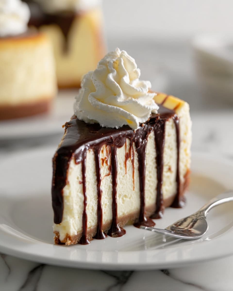 A slice of creamy pale yellow cheesecake has a thick, smooth top layer decorated with five white whipped cream dollops spaced evenly near the edge. Underneath this is a dense, soft-looking cheesecake layer in light beige. The base layer is a firm, crumbly brown crust that holds the cheesecake. The cake sits in a shiny silver springform pan on a white marbled surface. Next to the pan is a black knife with white dots on its handle. Photo taken with an iphone --ar 4:5 --v 7