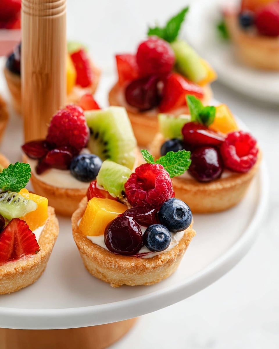 The image shows several small tartlets arranged on a white marbled surface. Each tartlet has a golden brown crust forming a shallow cup that holds a creamy white filling. On top of the cream layer, there are colorful fresh fruit pieces carefully placed: bright red strawberry slices, green kiwi chunks with small black seeds, dark blue blueberries, and shiny orange segments. The fruits are arranged to create a fresh, vibrant look with a mix of smooth and textured surfaces. The tartlets are close together, showing the variety of shapes and colors of the fruit topping. photo taken with an iphone --ar 4:5 --v 7