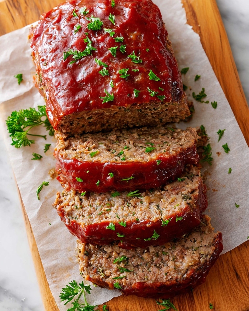 The image shows a meatloaf on a sheet of parchment paper, placed on a wooden board over a white marbled surface. The meatloaf has four thick slices, with a glossy, bright reddish-brown sauce thickly coating the top and sides. The inside of the meatloaf is a coarse mix of cooked ground meat and small bits of onion, in light and dark brown shades. Small green parsley leaves are scattered over the top of the meatloaf and around it on the parchment paper, adding fresh green color contrast. photo taken with an iphone --ar 4:5 --v 7