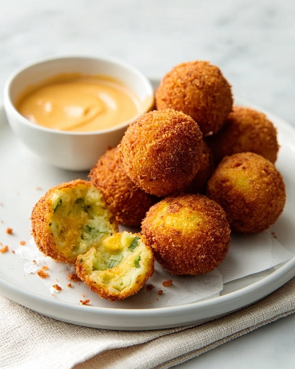 A white plate sits on a white marbled surface, holding seven golden-brown fried balls with a crispy outer layer. One ball is broken open, showing a soft, light green and yellow filling inside with a smooth texture. Next to the balls, a small white bowl contains a creamy, light orange sauce with a smooth surface. The scene is bright, with soft natural light highlighting the crispiness and colors of the food. Photo taken with an iphone --ar 4:5 --v 7