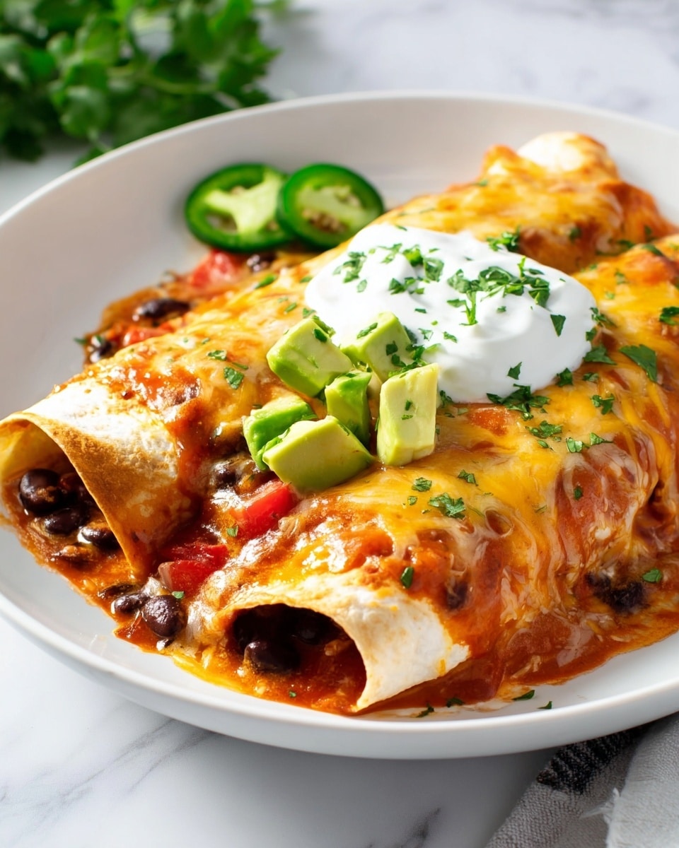 A white rectangular baking dish filled with six rolled tortillas arranged side by side, each covered with a thick, melted layer of golden yellow and white cheese mixed with a dark reddish-brown sauce. On top, there are fresh diced red tomatoes, small pieces of chopped purple onions, and thin green slices of jalapeño pepper, all sprinkled with finely chopped green herbs. The dish sits on a white marbled surface with some green cilantro leaves partially visible on the side photo taken with an iphone --ar 4:5 --v 7