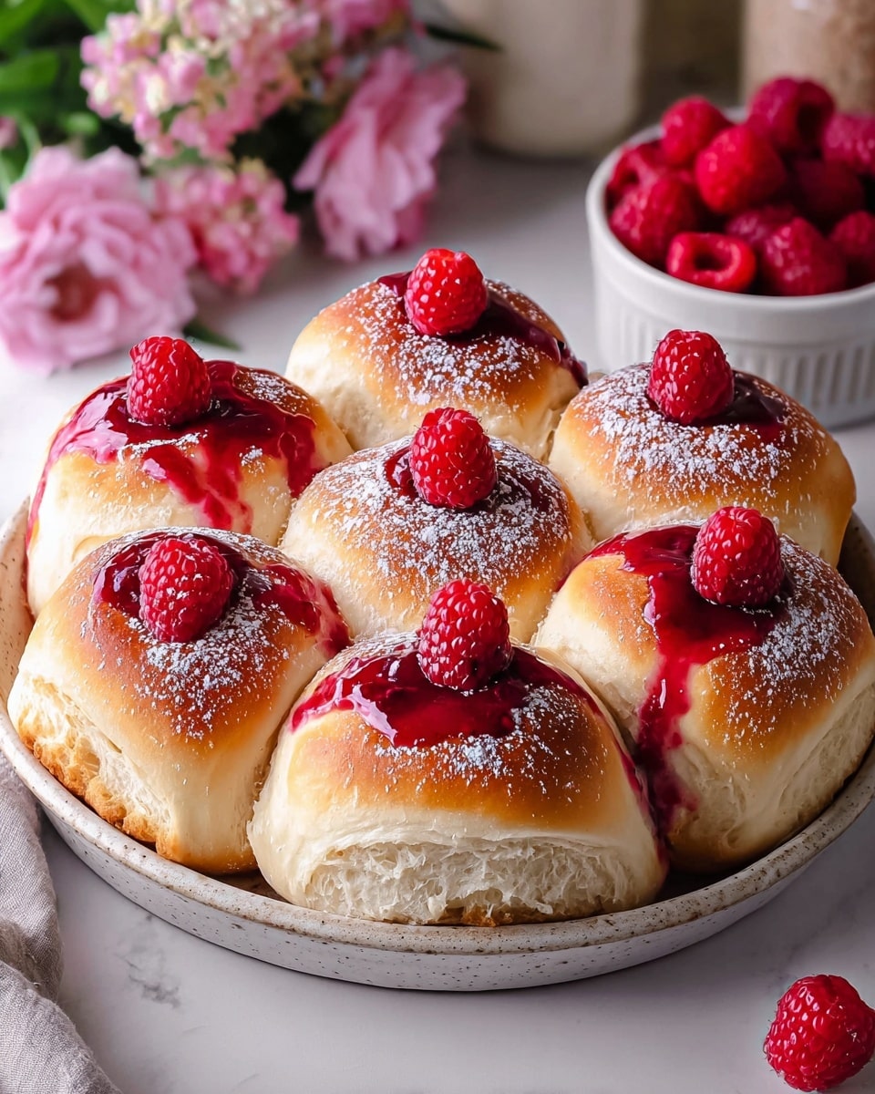 A close-up view of eight small cinnamon rolls arranged in a circle on a white plate, each topped with smooth cream cheese frosting and fresh red raspberries placed in the center. The cinnamon rolls have a golden-brown crust with soft, swirled dough visible underneath the frosting. A light dusting of powdered sugar covers the tops of the rolls and raspberries, giving a delicate snowy effect. The plate sits on a white marbled surface, enhancing the warm colors of the rolls. Photo taken with an iphone --ar 4:5 --v 7