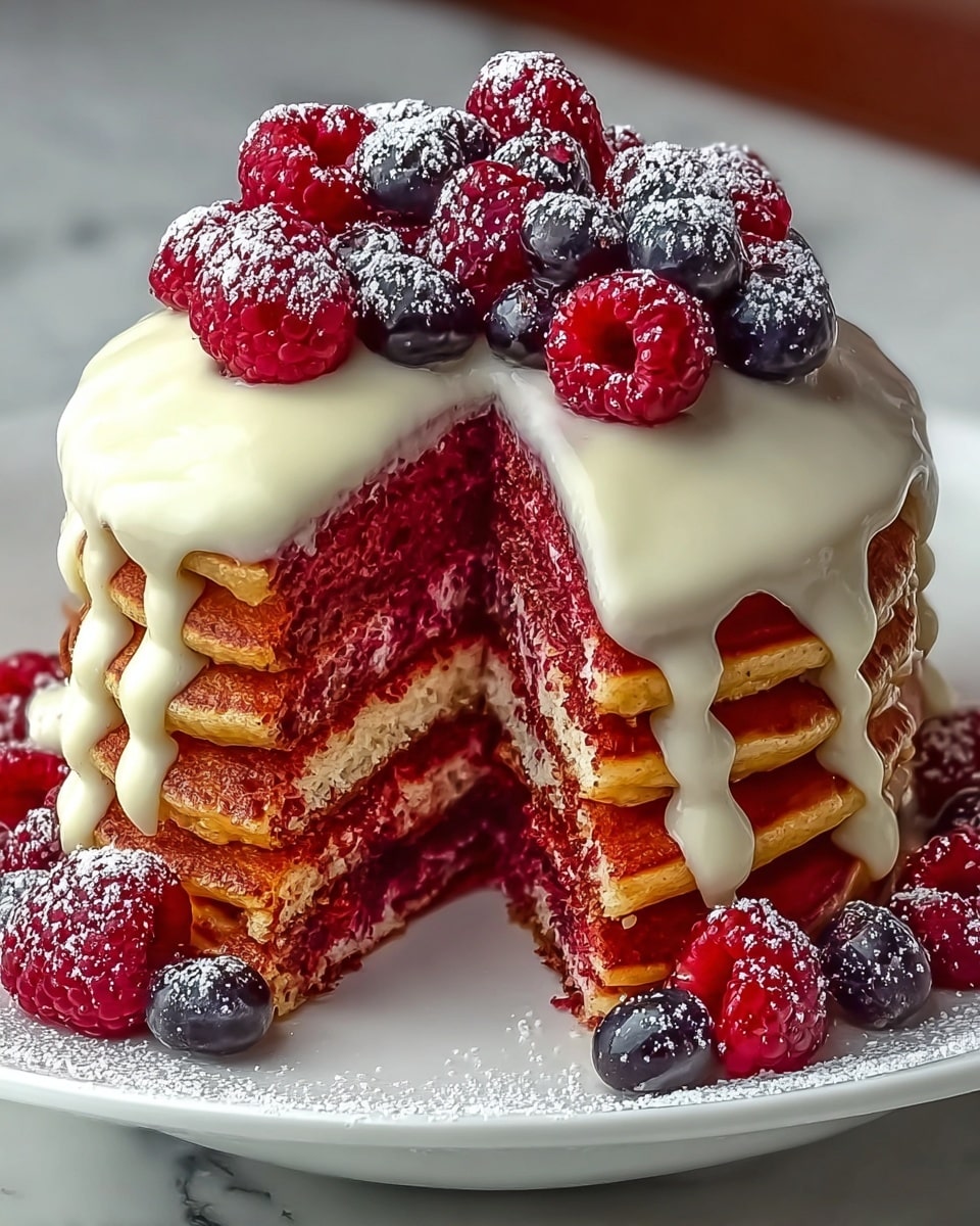 A tall stack of eight red pancakes is shown on a white plate with a ridged edge, all placed on a white marbled surface. Between each pancake is a smooth layer of white cream, evenly spread. The top pancake holds a mix of fresh raspberries, blueberries, and strawberries, with sugar powder sprinkled from above, creating a soft white dust over the fruits and pancakes. The pancakes look thick and soft with a bright red color. photo taken with an iphone --ar 4:5 --v 7