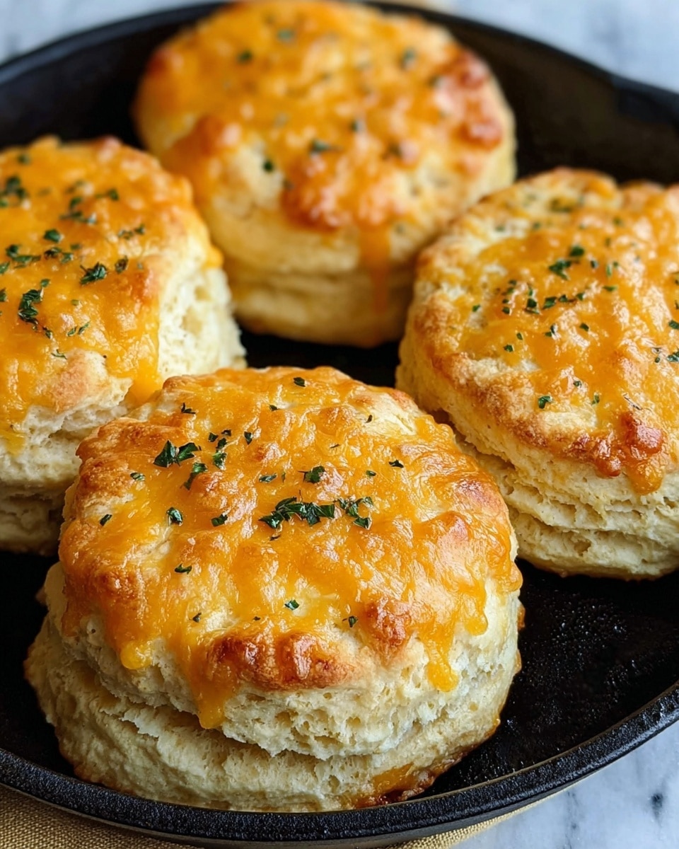 Four round biscuits with three layers each are shown, placed closely together inside a black pan on a white marbled surface. The biscuits are light golden with a soft, fluffy texture and have a melted, slightly browned layer of orange cheese on top, sprinkled with small bits of green herbs. The edges of the biscuits look flaky and tender. The cheese on top adds a shiny, slightly bubbly finish to each biscuit. Photo taken with an iphone --ar 4:5 --v 7