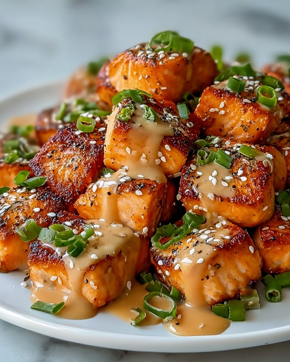 The image shows a white plate filled with about two layers of small, thick pieces of cooked salmon. The salmon is golden brown and seared on the edges, giving it a slightly crispy look. Each piece is topped with a smooth, shiny tan-colored sauce that drips slightly onto the plate. Scattered on and around the salmon pieces are small white sesame seeds and bright green chopped spring onions, adding color and texture contrast. The plate sits on a white marbled surface, and the dish looks fresh and appetizing. Photo taken with an iphone --ar 4:5 --v 7