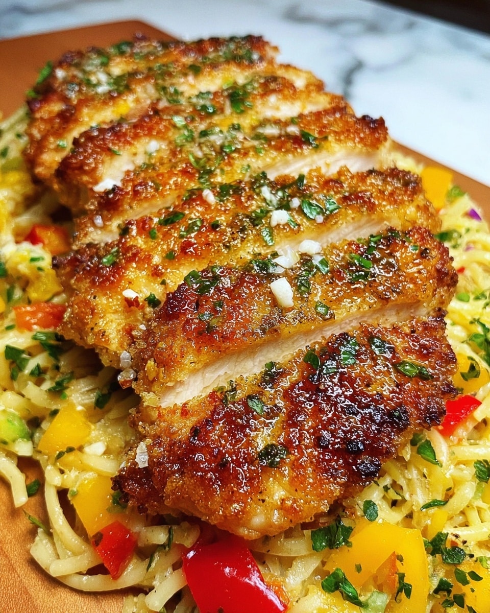 A close-up of a sliced piece of golden-brown cooked chicken with a crispy, shiny crust sprinkled with green herbs and small white bits, placed on top of a bed of thin pasta mixed with small pieces of yellow and red bell peppers and finely chopped green herbs, all on a white marbled surface. photo taken with an iphone --ar 4:5 --v 7