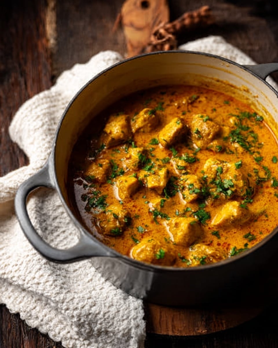 The image shows a gray pot filled with a thick curry that has small pieces of chicken in a orange-yellow sauce with green herbs sprinkled on top. The pot is placed on a dark wooden table with a white marbled textured cloth next to it. The lighting is soft, highlighting the creamy texture of the curry and the fresh green herbs. photo taken with an iphone --ar 4:5 --v 7