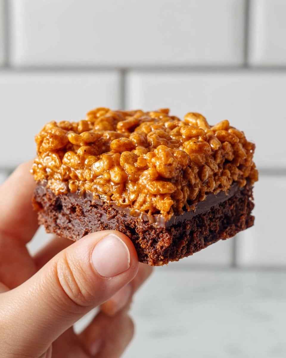 A close-up image shows a two-layer dessert held between a woman's thumb and fingers. The bottom layer is a dense, dark brown brownie with a smooth, slightly crumbly texture. On top is a thick layer of crunchy, golden-brown cereal coated in a shiny caramel-like glaze, creating a rough and bumpy surface. The background has a white marbled texture with white subway tiles visible behind. photo taken with an iphone --ar 4:5 --v 7