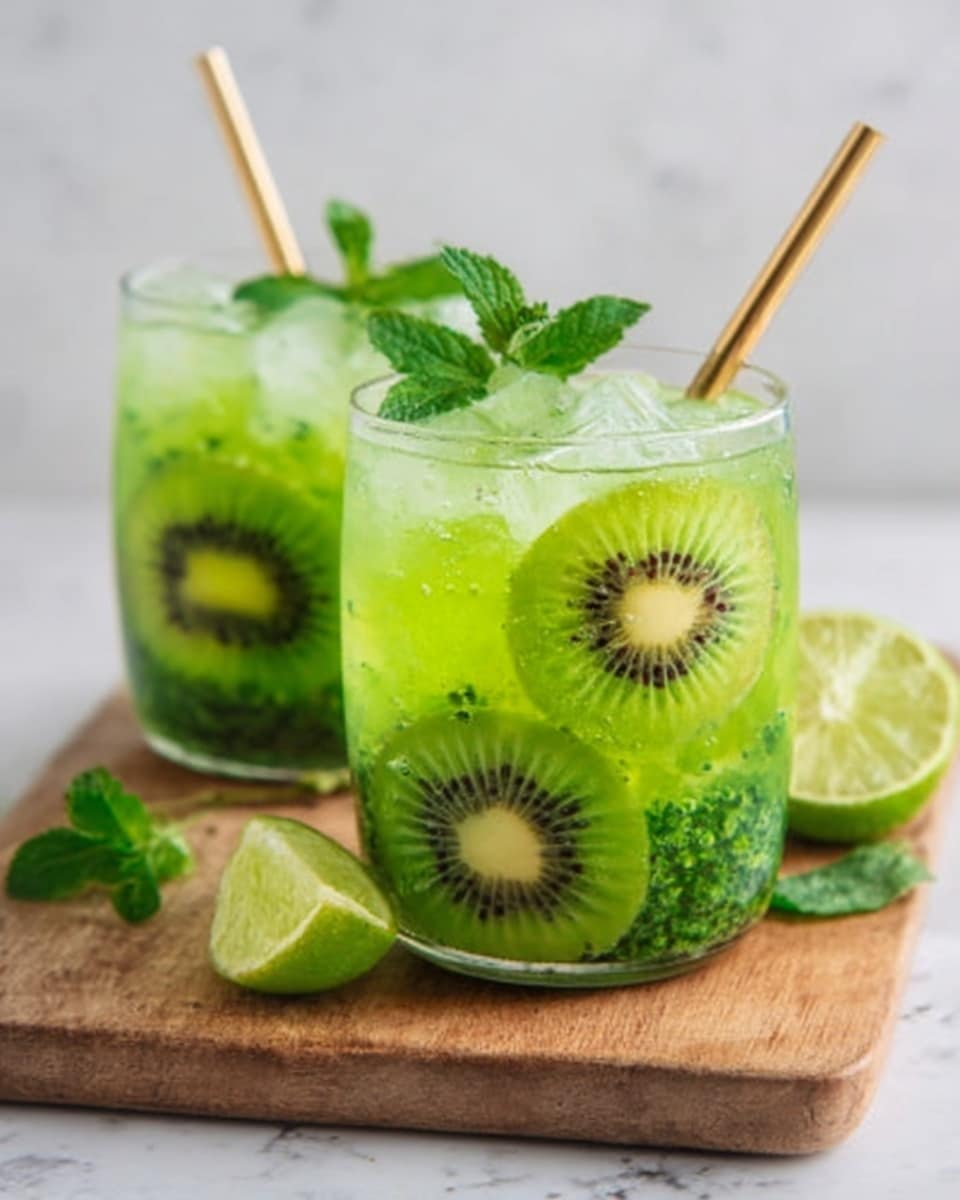 The image shows two short clear glasses filled with a green drink. Inside each glass, there are slices of kiwi fruit pressed against the sides, showing their detailed seeds and bright green color. The drink has small ice cubes floating on top, and fresh mint leaves sit on the surface. Two gold metal straws are placed in each glass. The glasses are set on a wooden board with a slice of lime and extra mint leaves nearby. The background is a white marbled texture. Photo taken with an iphone --ar 4:5 --v 7