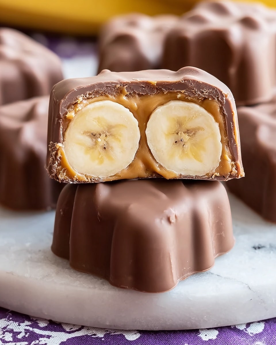 The image shows a close-up of a small, square chocolate candy that is cut in half to reveal the inside. The candy has three small, round banana slices lined up side by side in the center. These banana slices are surrounded by a thick layer of golden peanut butter. The entire treat is coated evenly with smooth milk chocolate that has a light brown color and a slightly glossy texture. The candy sits on top of several whole chocolates on a white marbled surface with a purple and white patterned cloth underneath. photo taken with an iphone --ar 4:5 --v 7