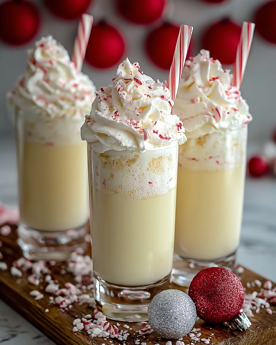 Three clear glasses filled with a creamy white drink are placed on a white marbled surface. Each glass has a layer of red specks near the top of the drink. On top of each drink, there is a big swirl of white whipped cream sprinkled with crushed red candy pieces. Each whipped cream topping holds a red and white striped candy cane standing upright. Around the glasses on the white marbled surface, there are more crushed red candy pieces, some white powder, and a whole candy cane lying flat. The background is dark with blurry red ornaments adding a festive feel. photo taken with an iphone --ar 4:5 --v 7