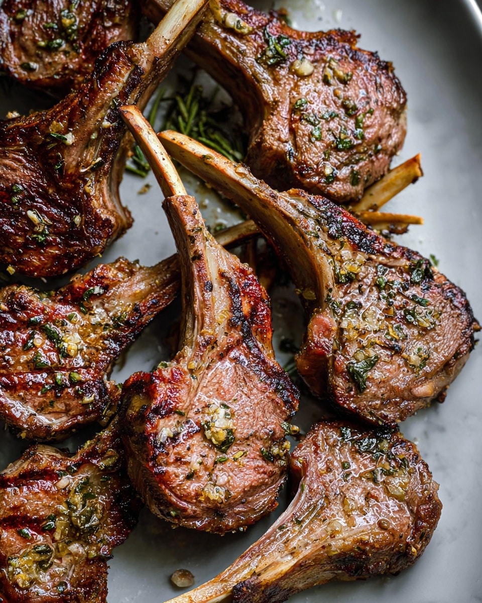 A close-up view of several grilled lamb chops arranged on a white plate, each chop showing a browned, slightly charred texture with visible grill marks and covered in small bits of herbs and garlic sprinkled on top. The meat is mostly a warm brown color with areas of pinkish tones, while the bones are pale and clean. The lighting highlights the moist and juicy surface of the chops, and the plate sits on a white marbled texture background. photo taken with an iphone --ar 4:5 --v 7