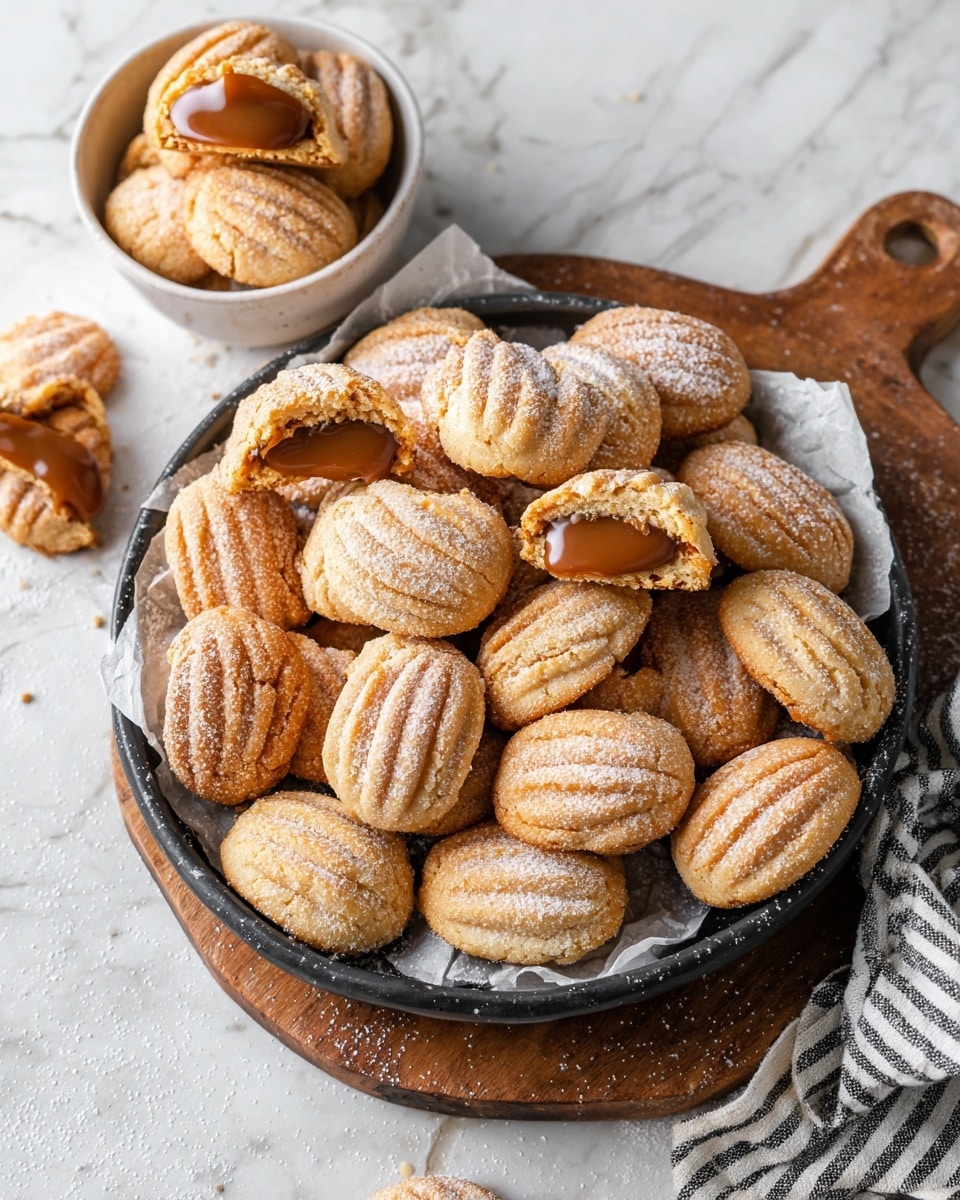 A large black round tray holds many small oval-shaped cookies with a golden brown color and visible ridges on top, dusted lightly with white powdered sugar. Each cookie is filled in the middle with a smooth caramel filling that is glossy and rich. Two cookie halves are opened nearby, showing the caramel inside. One extra cookie and a small white bowl filled with more cookies are placed in the white marbled background. The tray is on white parchment paper on a wooden board, with a striped cloth partially visible at the bottom right corner. Photo taken with an iphone --ar 4:5 --v 7