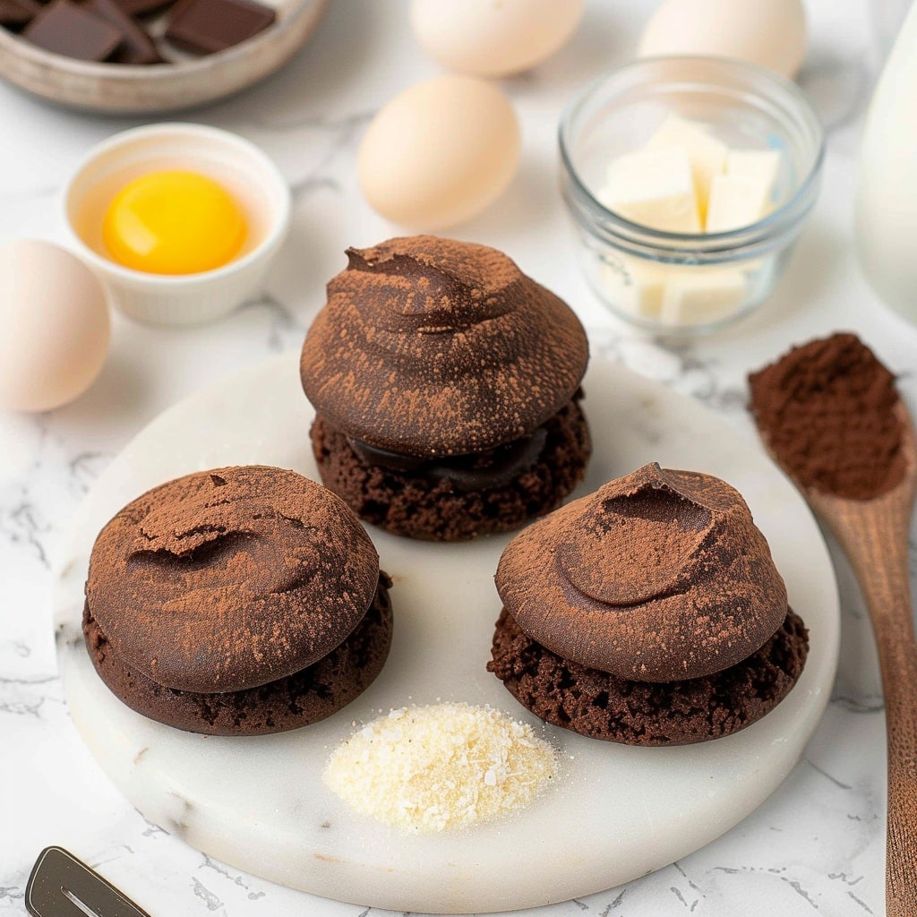 The image shows a chocolate cream puff with two main layers. The bottom layer is a round, dark brown choux pastry with a rough, slightly cracked texture. On top of this is a thick swirl of smooth, light brown chocolate cream piped in a circular motion, creating a rich and creamy middle layer. The top layer is a smaller, dome-shaped dark brown choux pastry with a similar rough texture, placed gently on the cream. The pastry sits on a white plate with a wooden rim, and the background has a white marbled surface with a soft beige cloth slightly blurred. photo taken with an iphone --v 7