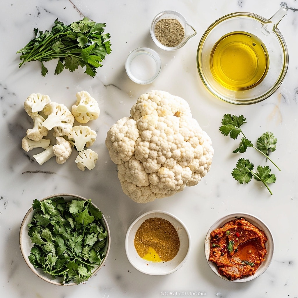 A white square plate is filled with many medium-sized cauliflower florets coated in bright orange sauce, giving them a glossy and textured look. The florets are arranged closely together covering almost the entire plate surface, with some fresh green parsley leaves scattered on top for color contrast. In the center of the plate, there is a small black round container holding a creamy white dipping sauce with a few parsley pieces floating on it. The plate is placed on a white marbled surface, enhancing the vibrant colors of the cauliflower and sauce. photo taken with an iphone --v 7