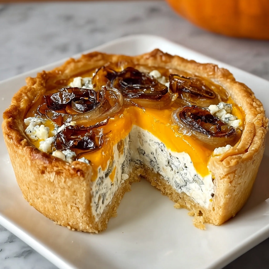 A small round tart with a golden, flaky crust on the outside edge holds three main layers inside. The bottom layer is a light tan, firm crust. Above it, there is a thick white and blue cheese mixture with a crumbly texture and blue mold spots. The top layer is a smooth, bright orange puree, spread evenly over the cheese. On top of the orange layer, there are several shiny, dark brown caramelized onion slices scattered across the surface. The tart sits on a white square plate with a white marbled texture in the background. A wedge is missing from the tart, showing the inside layers clearly. Photo taken with an iphone --v 7