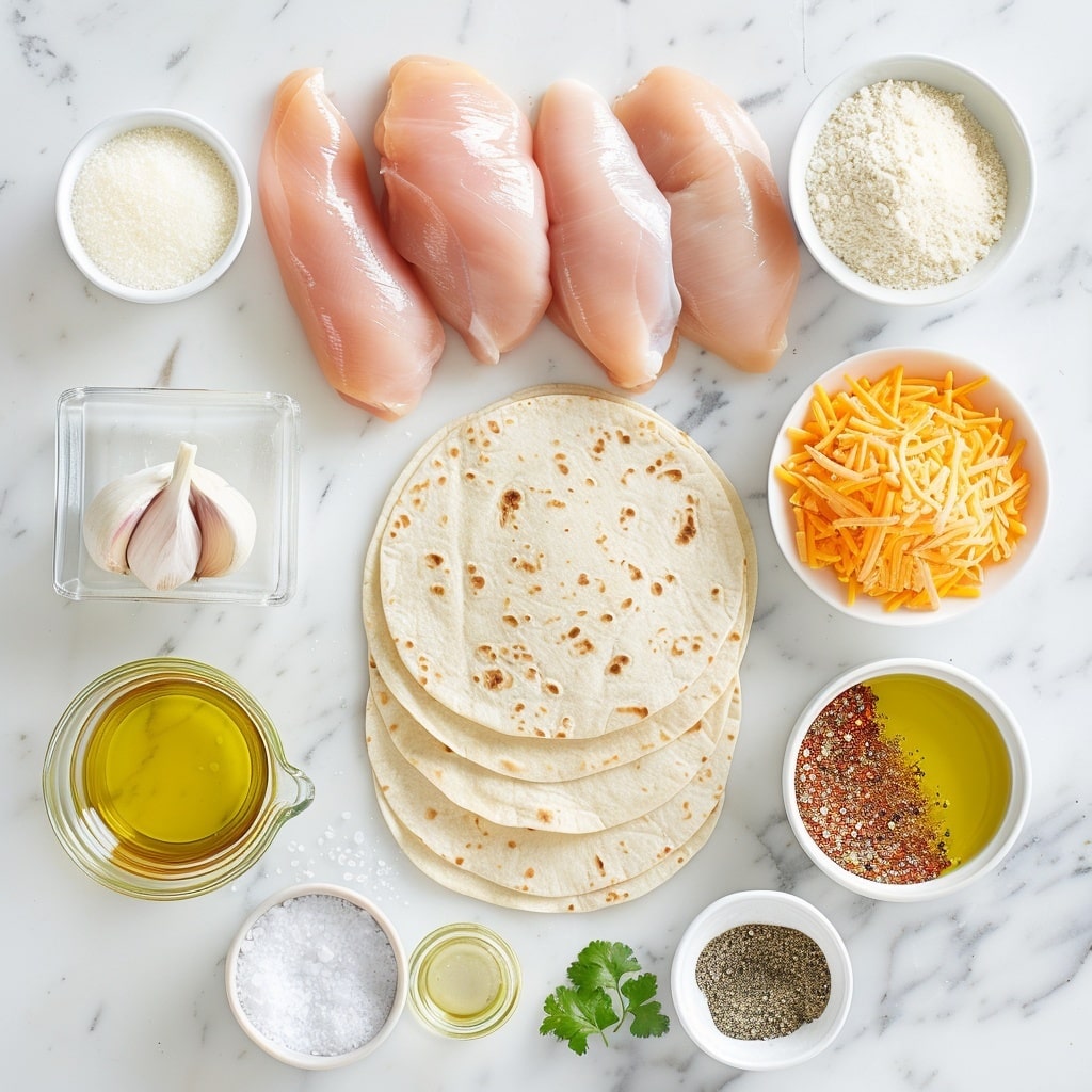 Three folded quesadilla pieces are stacked on top of each other on a wooden board. Each quesadilla layer shows a golden-brown, slightly crispy tortilla with some darker toasted spots. Inside, there are melted white cheese and bits of light brown chicken mixed with green chopped herbs, visible through the edges. The herbs are sprinkled lightly on top and between layers. The overall texture looks soft inside and crispy outside, with a warm and inviting look. The background shows a blurred white marbled surface. Photo taken with an iphone --v 7