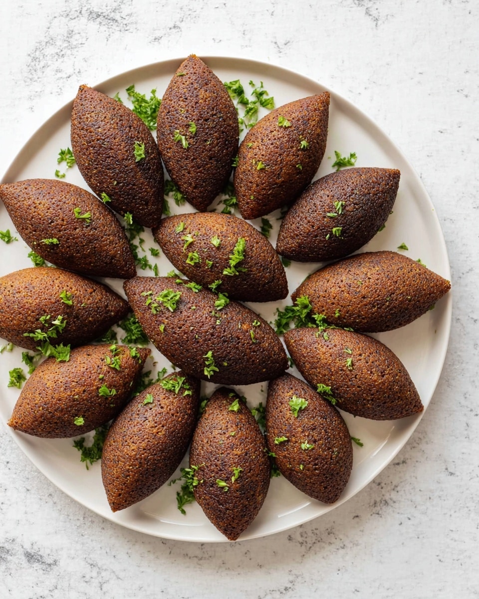 Large white round plate filled with a complete serving of darkly fried kibbeh arranged neatly in a radial pattern, each kibbeh uniformly oval-shaped and garnished lightly with fresh chopped parsley, photographed from above on a white marble countertop with soft natural lighting, professional food magazine hero shot, photo taken with an iphone --ar 4:5 --v 7